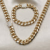 Oro Laminado Necklace and Bracelet, Gold Filled Style Miami Cuban Design, with White Cubic Zirconia, Polished, Golden Finish, 06.156.0005