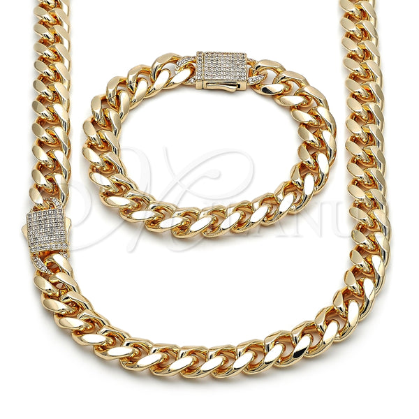 Oro Laminado Necklace and Bracelet, Gold Filled Style Miami Cuban Design, with White Cubic Zirconia, Polished, Golden Finish, 06.156.0005