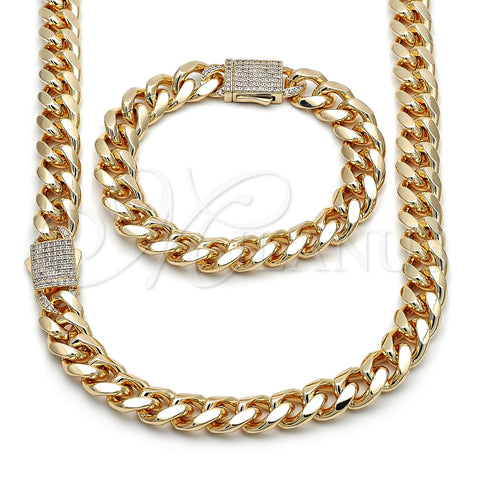 Oro Laminado Necklace and Bracelet, Gold Filled Style Miami Cuban Design, with White Cubic Zirconia, Polished, Golden Finish, 06.156.0005