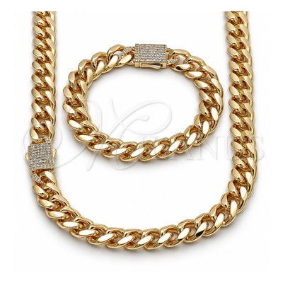 Oro Laminado Necklace and Bracelet, Gold Filled Style Miami Cuban Design, with White Cubic Zirconia, Polished, Golden Finish, 06.156.0005