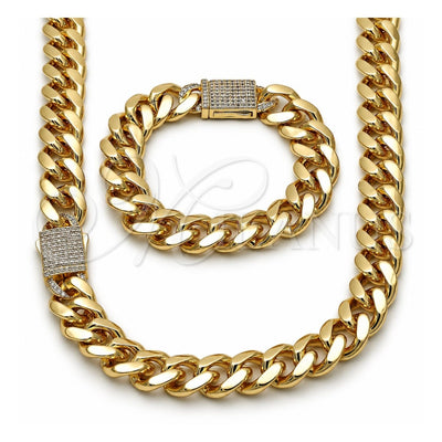 Oro Laminado Necklace and Bracelet, Gold Filled Style Miami Cuban Design, with White Cubic Zirconia, Polished, Golden Finish, 06.156.0006