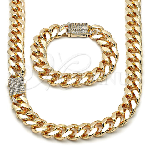 Oro Laminado Necklace and Bracelet, Gold Filled Style Miami Cuban Design, with White Cubic Zirconia, Polished, Golden Finish, 06.156.0006