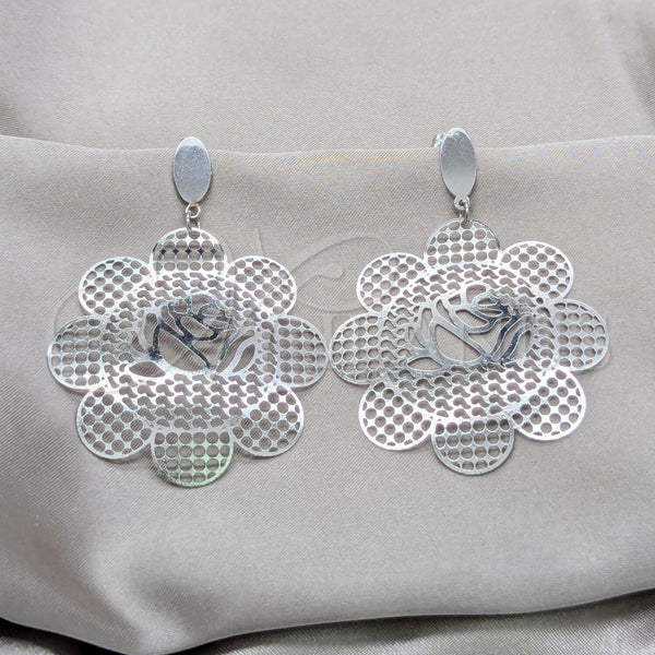 Stainless Steel Hoop Earrings — Large Hoop Flower Design Polished 02.63. — main product view — SKU 160789 | Acero Inoxidable aretes de aro — Large Hoop flor diseño pulido 02.63. — SKU 160789