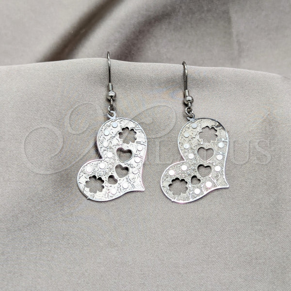 Stainless Steel Long Earring, Heart and Flower Design, Polished, Steel Finish, 02.63.2833