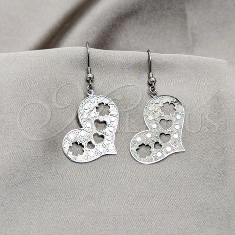 Stainless Steel Long Earring, Heart and Flower Design, Polished, Steel Finish, 02.63.2833