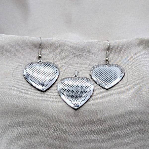Stainless Steel Earring and Pendant Adult Set, Heart and Hollow Design, Polished, Steel Finish, 10.63.0608