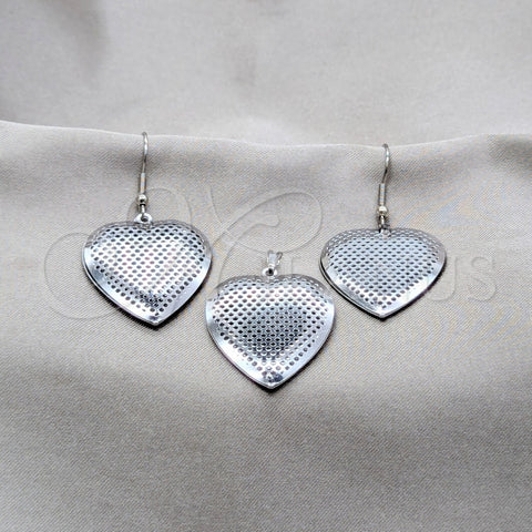 Stainless Steel Earring and Pendant Adult Set, Heart and Hollow Design, Polished, Steel Finish, 10.63.0608