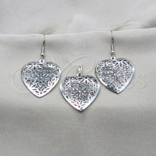 Stainless Steel Earring and Pendant Adult Set, Heart Design, Polished, Steel Finish, 10.63.0610