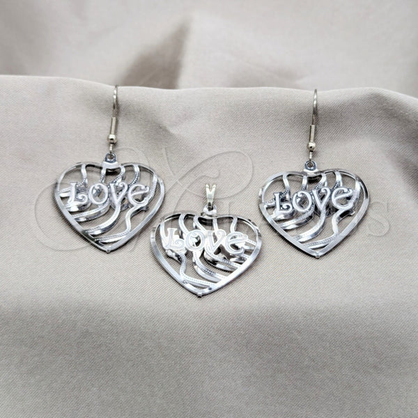 Stainless Steel Earring and Pendant Adult Set, Heart and Love Design, Polished, Steel Finish, 10.63.0611