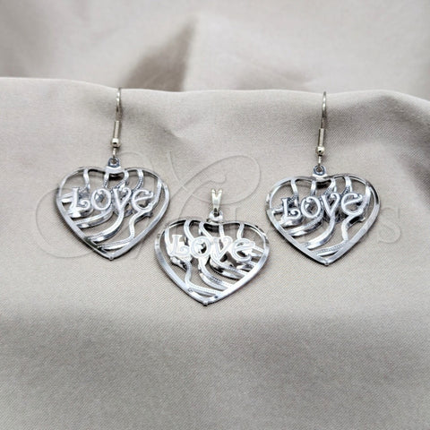 Stainless Steel Earring and Pendant Adult Set, Heart and Love Design, Polished, Steel Finish, 10.63.0611