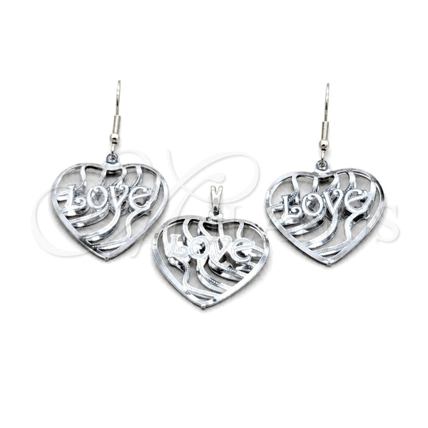 Stainless Steel Earring and Pendant Adult Set, Heart and Love Design, Polished, Steel Finish, 10.63.0611