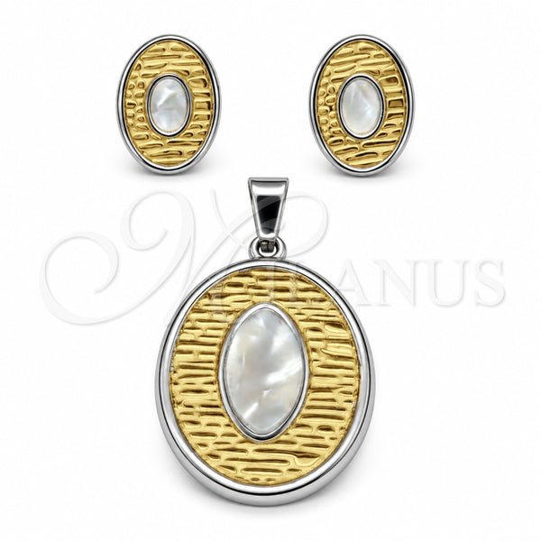 Stainless Steel Earring and Pendant Adult Set, White Resin Finish, Golden Finish, 10.63.0613