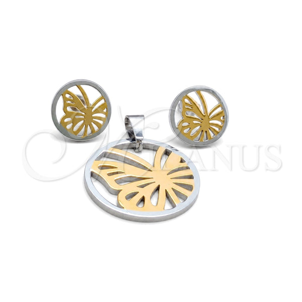 Stainless Steel Earring and Pendant Adult Set, Butterfly Design, White Polished, Steel Finish, 10.63.0615