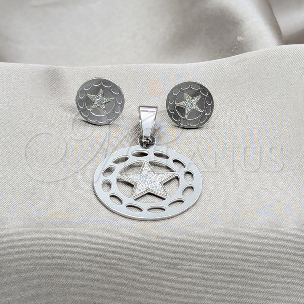 Stainless Steel Earring and Pendant Adult Set, Star Design, White Polished, Steel Finish, 10.63.0616