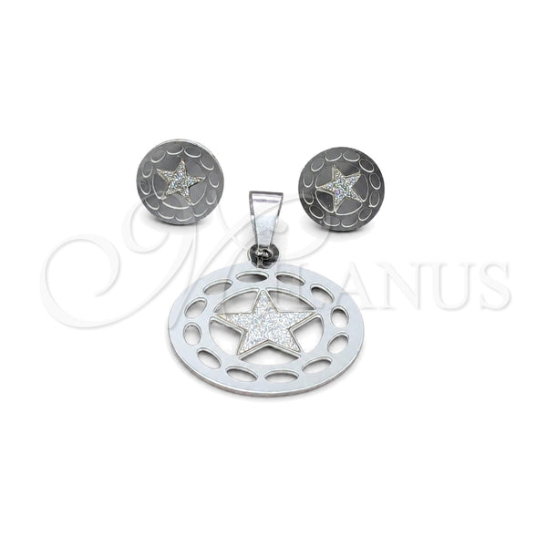 Stainless Steel Earring and Pendant Adult Set, Star Design, White Polished, Steel Finish, 10.63.0616