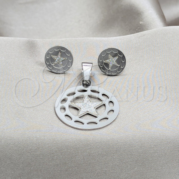 Stainless Steel Earring and Pendant Adult Set, Star Design, White Polished, Steel Finish, 10.63.0616
