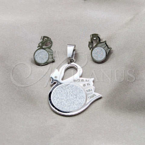 Stainless Steel Earring and Pendant Adult Set, Swan Design, with White Cubic Zirconia, Polished, Steel Finish, 10.63.0618
