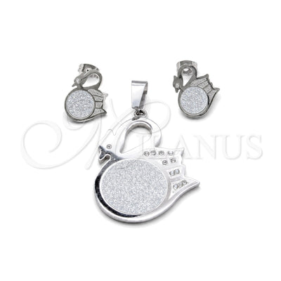 Stainless Steel Earring and Pendant Adult Set, Swan Design, with White Cubic Zirconia, Polished, Steel Finish for wholesale, main product view