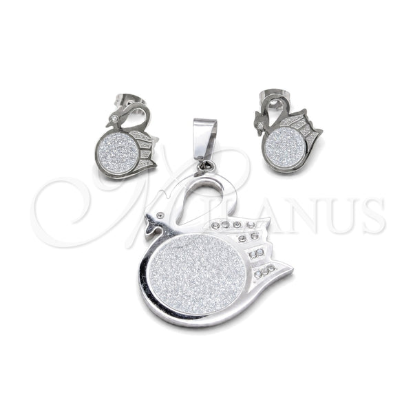 Stainless Steel Earring and Pendant Adult Set, Swan Design, with White Cubic Zirconia, Polished, Steel Finish, 10.63.0618