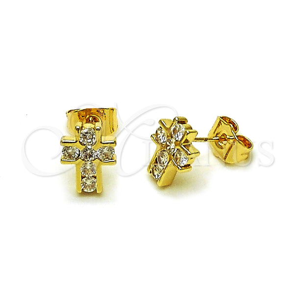 Oro Laminado Stud Earring, Gold Filled Style Cross Design, with White Cubic Zirconia, Polished, Golden Finish, 02.156.0734