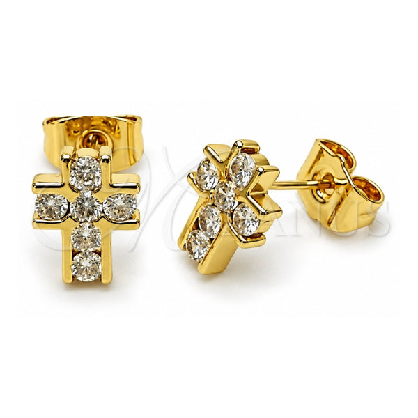 Oro Laminado Stud Earring, Gold Filled Style Cross Design, with White Cubic Zirconia, Polished, Golden Finish, 02.156.0734