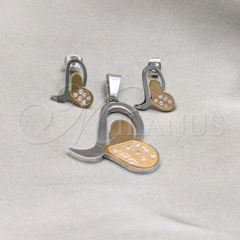 Stainless Steel Earring and Pendant Adult Set, Heart Design, with White Cubic Zirconia, Polished, Steel Finish, 10.63.0619