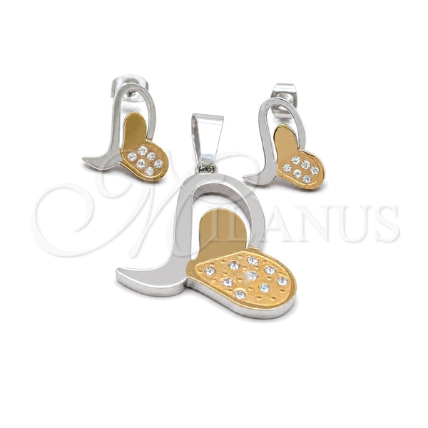 Stainless Steel Earring and Pendant Adult Set, Heart Design, with White Cubic Zirconia, Polished, Steel Finish, 10.63.0619