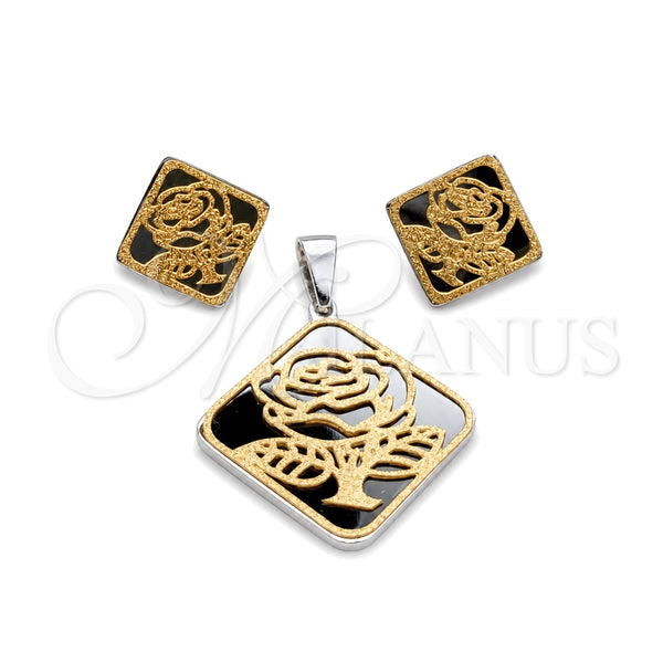 Stainless Steel Earring and Pendant Adult Set, Flower and Diamond Design, Polished, Golden Finish, 10.63.0620
