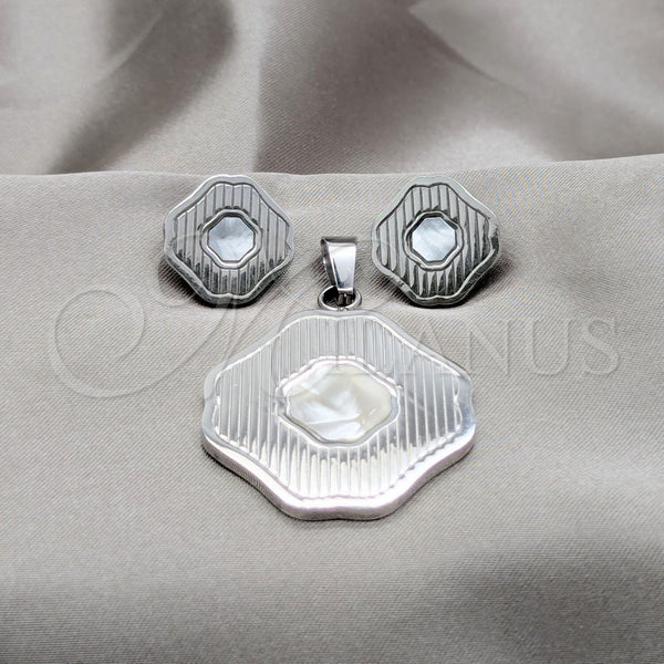 Stainless Steel Earring and Pendant Adult Set, Four-leaf Clover Design, White Enamel Finish, Steel Finish, 10.63.0623