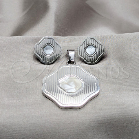 Stainless Steel Earring and Pendant Adult Set, Four-leaf Clover Design, White Enamel Finish, Steel Finish, 10.63.0623