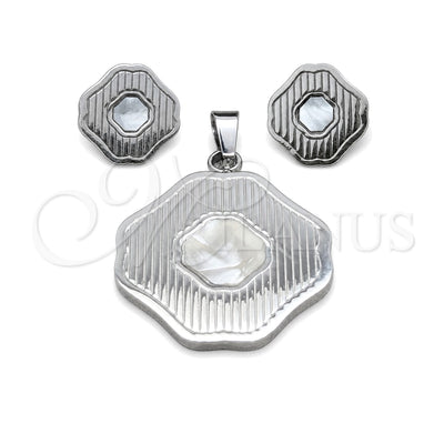 Stainless Steel Earring and Pendant Adult Set, Four-leaf Clover Design, White Enamel Finish, Steel Finish for wholesale, main product view