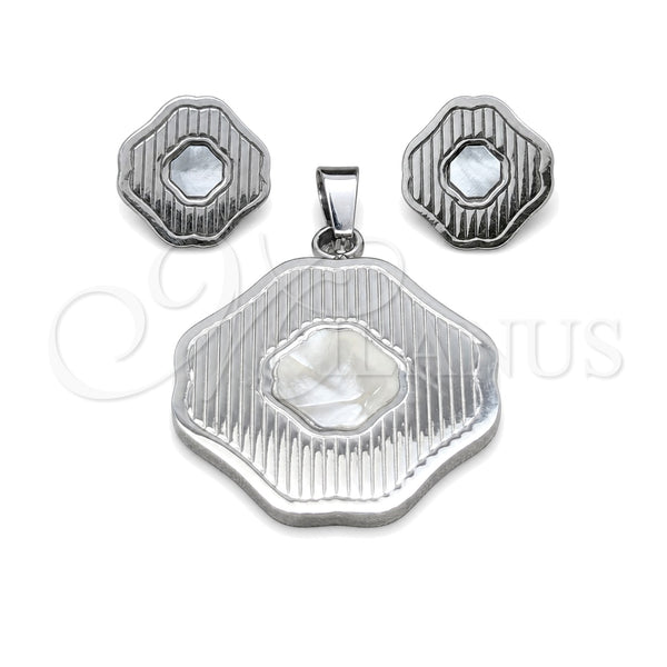 Stainless Steel Earring and Pendant Adult Set, Four-leaf Clover Design, White Enamel Finish, Steel Finish, 10.63.0623