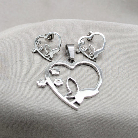 Stainless Steel Earring and Pendant Adult Set, Butterfly and Heart Design, with White Crystal, White Polished, Steel Finish, 10.63.0624