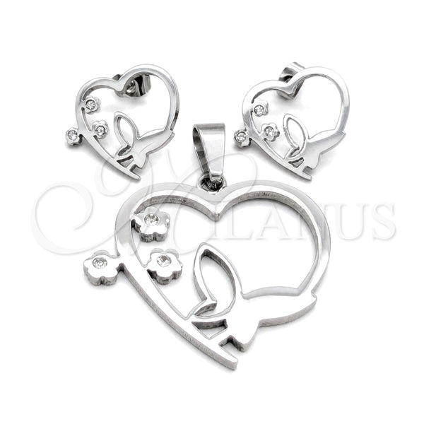 Stainless Steel Earring and Pendant Adult Set, Butterfly and Heart Design, with White Crystal, White Polished, Steel Finish, 10.63.0624
