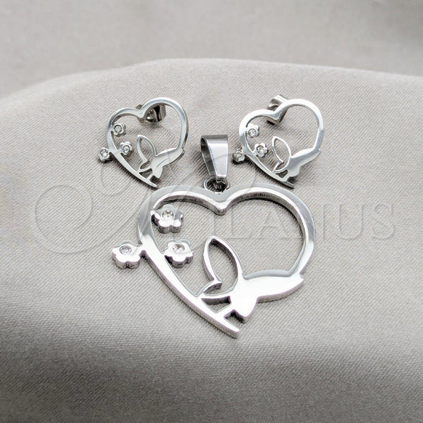 Stainless Steel Earring and Pendant Adult Set, Butterfly and Heart Design, with White Crystal, White Polished, Steel Finish, 10.63.0624