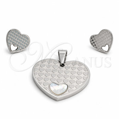 Stainless Steel Earring and Pendant Adult Set, Heart Design, White Enamel Finish, Steel Finish, 10.63.0630
