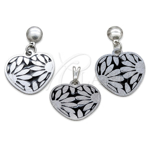 Stainless Steel Earring and Pendant Adult Set, Heart and Flower Design, White Polished, Steel Finish, 10.63.0628