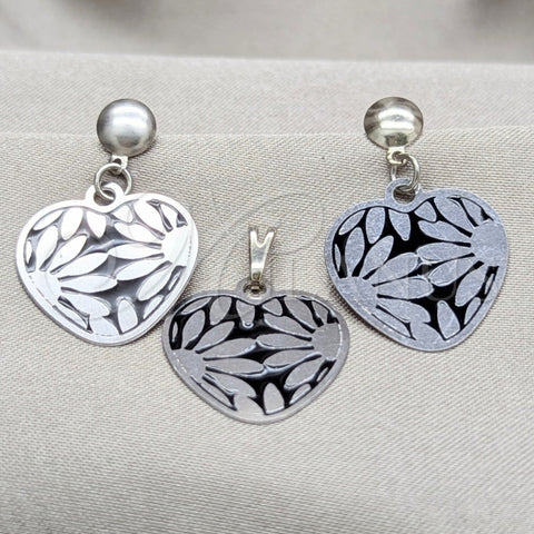 Stainless Steel Earring and Pendant Adult Set, Heart and Flower Design, White Polished, Steel Finish, 10.63.0628