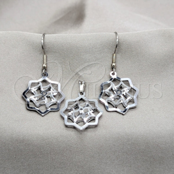 Stainless Steel Earring and Pendant Adult Set, Flower Design, White Polished, Steel Finish, 10.63.0630
