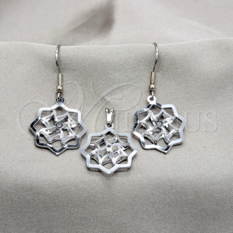 Stainless Steel Earring and Pendant Adult Set, Flower Design, White Polished, Steel Finish, 10.63.0630