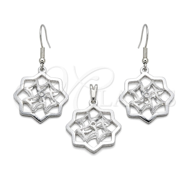 Stainless Steel Earring and Pendant Adult Set, Flower Design, White Polished, Steel Finish, 10.63.0630