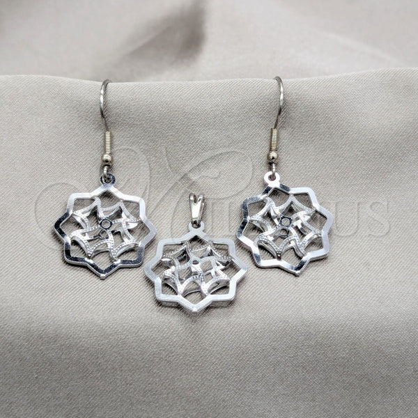 Stainless Steel Earring and Pendant Adult Set, Flower Design, White Polished, Steel Finish, 10.63.0630