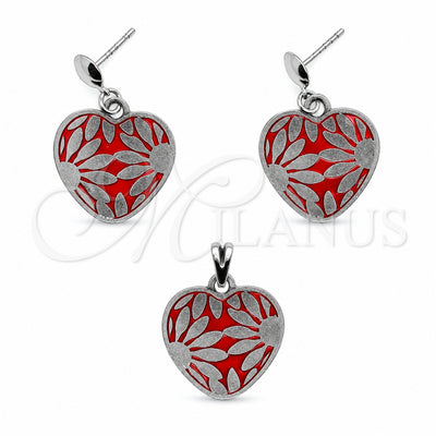 Stainless Steel Earring and Pendant Adult Set, Heart and Flower Design, White Polished, Steel Finish, 10.63.0631 for wholesale, main product view
