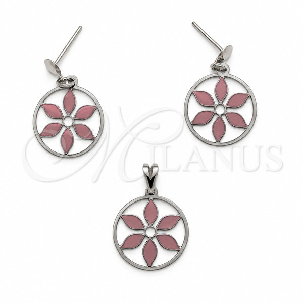 Stainless Steel Earring and Pendant Adult Set, Flower Design, White Polished, Steel Finish, 10.63.0632