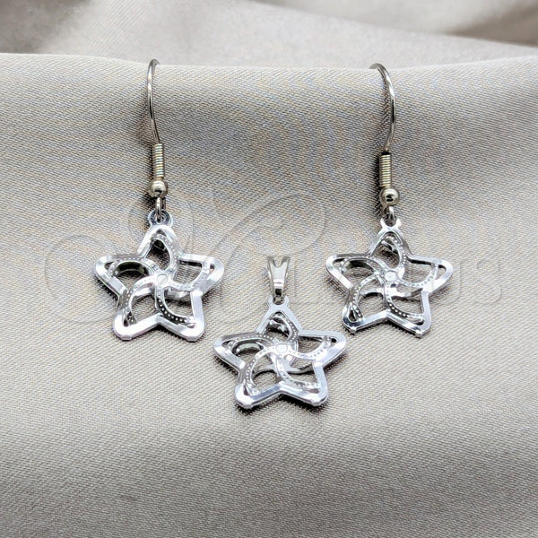 Stainless Steel Earring and Pendant Adult Set, Star Design, White Polished, Steel Finish, 10.63.0633