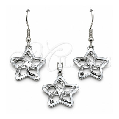 Stainless Steel Earring and Pendant Adult Set, Star Design, White Polished, Steel Finish, 10.63.0633