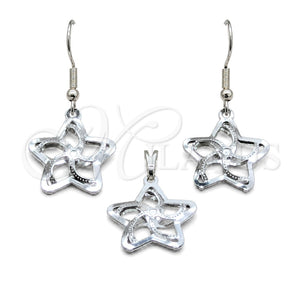 Stainless Steel Earring and Pendant Adult Set, Star Design, White Polished, Steel Finish, 10.63.0633