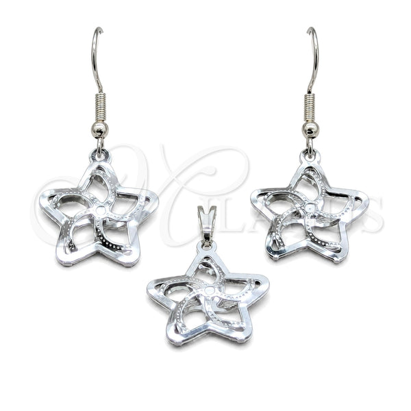 Stainless Steel Earring and Pendant Adult Set, Star Design, White Polished, Steel Finish, 10.63.0633
