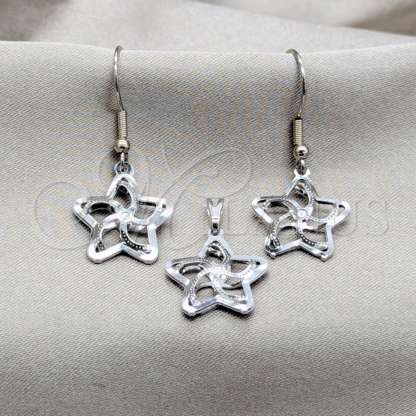 Stainless Steel Earring and Pendant Adult Set, Star Design, White Polished, Steel Finish, 10.63.0633