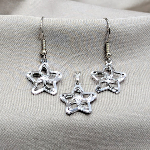 Stainless Steel Earring and Pendant Adult Set, Star Design, White Polished, Steel Finish, 10.63.0633